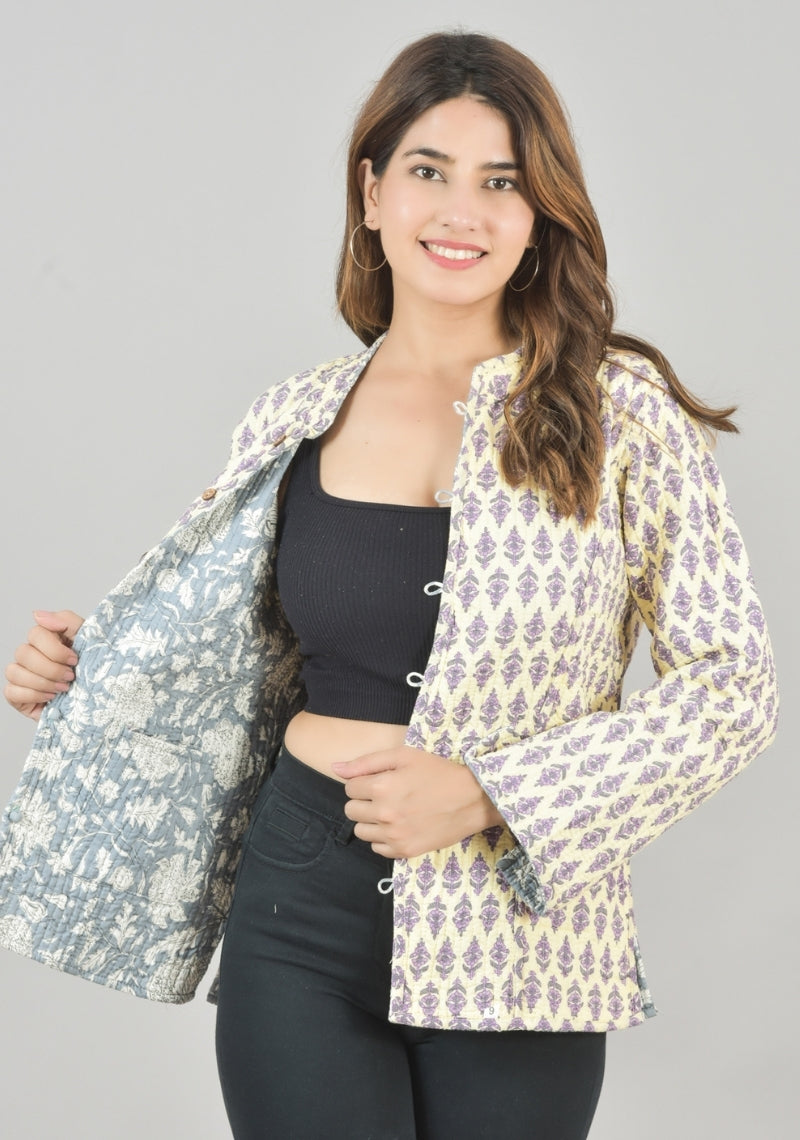 Reversible Full Sleeves Cotton Block Printed Quilted Jacket Yellow and Sky Blue-49244