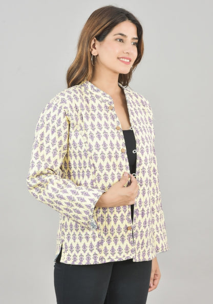 Reversible Full Sleeves Cotton Block Printed Quilted Jacket Yellow and Sky Blue-49244