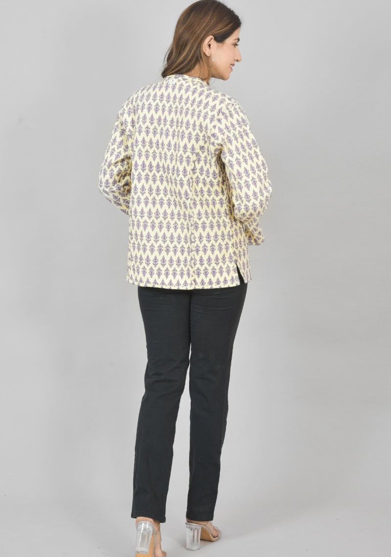Reversible Full Sleeves Cotton Block Printed Quilted Jacket Yellow and Sky Blue-49244