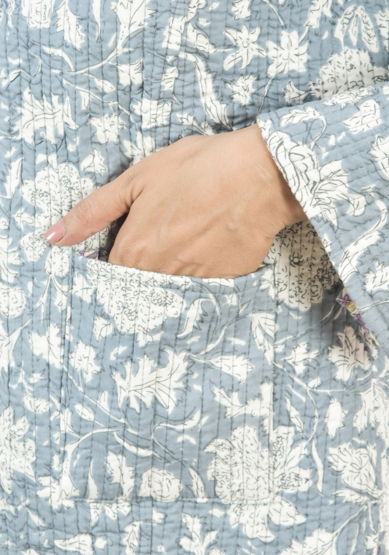 Reversible Full Sleeves Cotton Block Printed Quilted Jacket Yellow and Sky Blue-49244