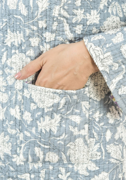 Reversible Full Sleeves Cotton Block Printed Quilted Jacket Yellow and Sky Blue-49244