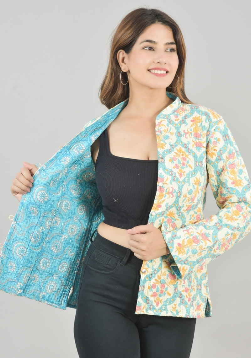 Reversible Full Sleeves Cotton Block Printed Quilted Jacket Yellow and Sky Blue-49268