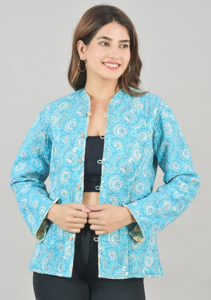 Reversible Full Sleeves Cotton Block Printed Quilted Jacket Yellow and Sky Blue-49268