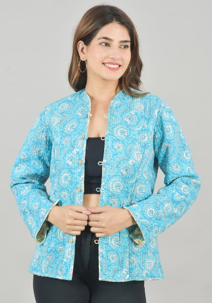 Reversible Full Sleeves Cotton Block Printed Quilted Jacket Yellow and Sky Blue-49268