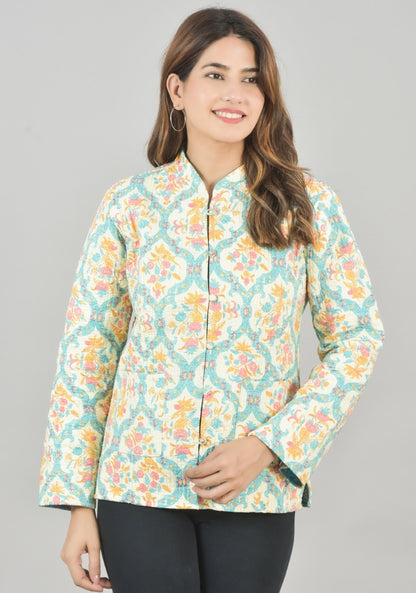 Reversible Full Sleeves Cotton Block Printed Quilted Jacket Yellow and Sky Blue-49268