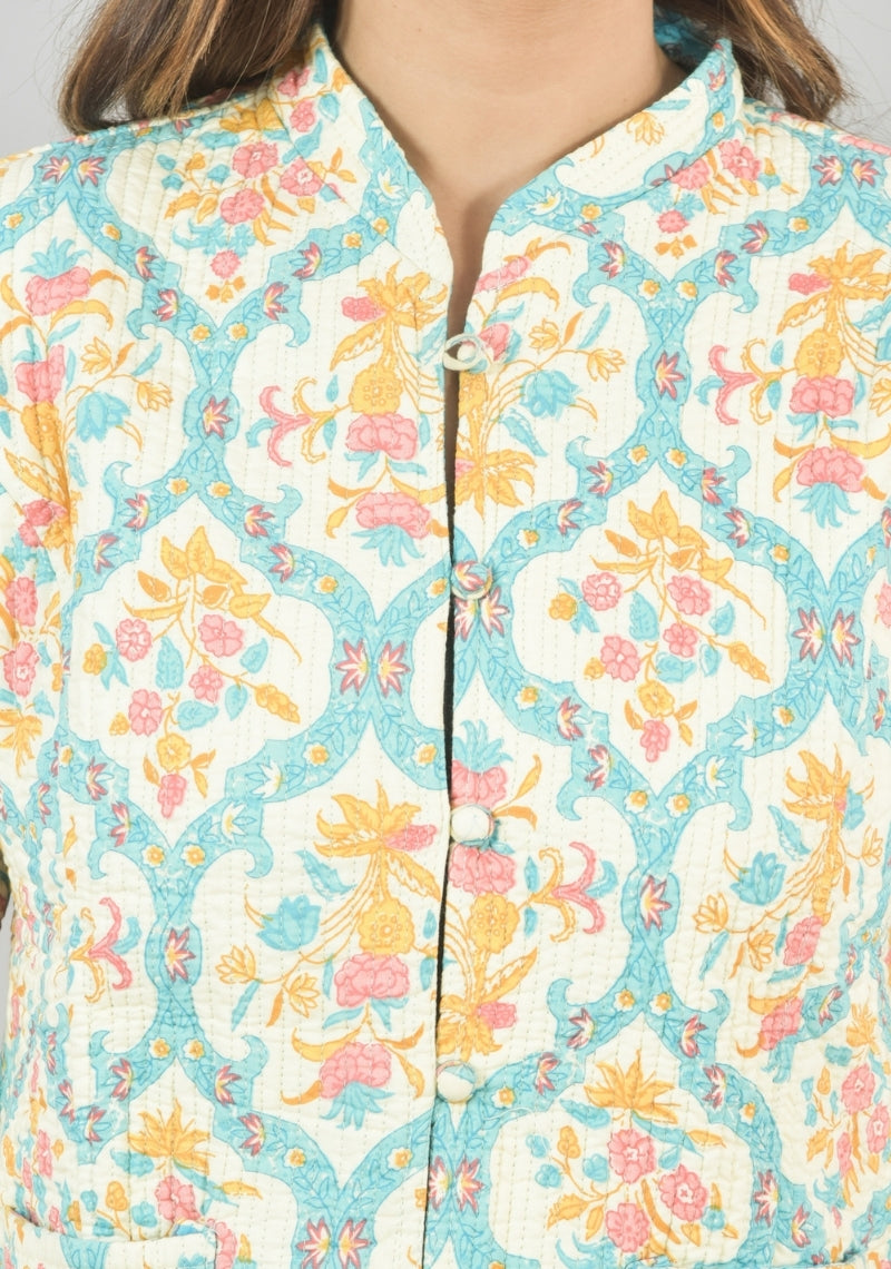 Reversible Full Sleeves Cotton Block Printed Quilted Jacket Yellow and Sky Blue-49268