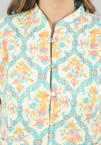 Reversible Full Sleeves Cotton Block Printed Quilted Jacket Yellow and Sky Blue-49268