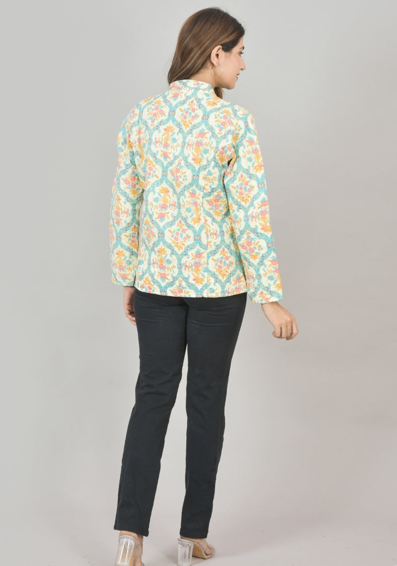 Reversible Full Sleeves Cotton Block Printed Quilted Jacket Yellow and Sky Blue-49268