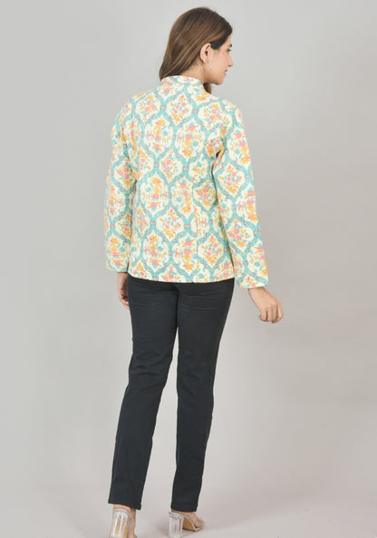Reversible Full Sleeves Cotton Block Printed Quilted Jacket Yellow and Sky Blue-49268