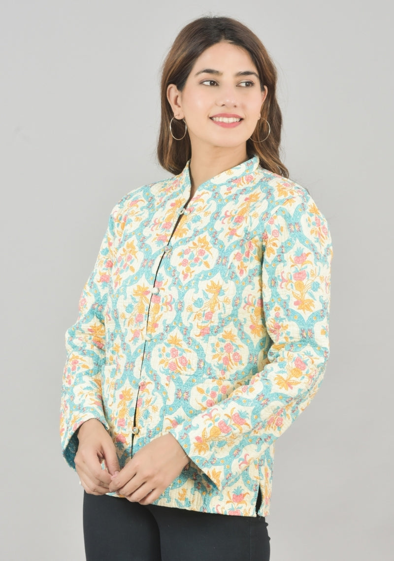 Reversible Full Sleeves Cotton Block Printed Quilted Jacket Yellow and Sky Blue-49268