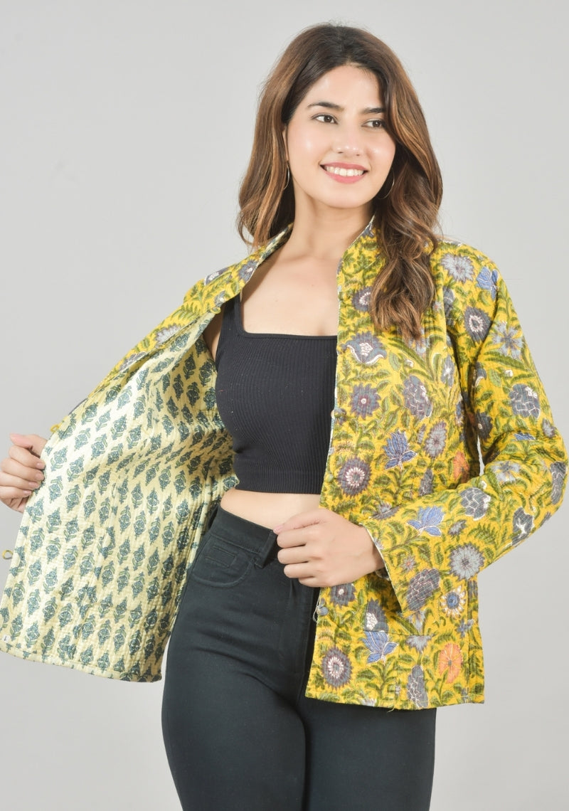Reversible Full Sleeves Cotton Block Printed Quilted Jacket Yellow and White-49235