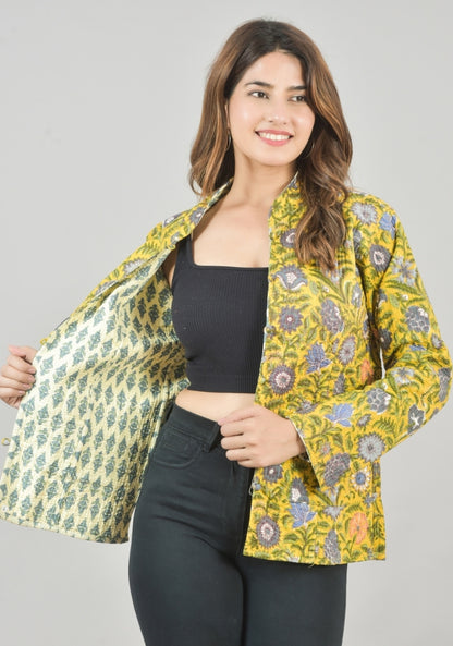 Reversible Full Sleeves Cotton Block Printed Quilted Jacket Yellow and White-49235