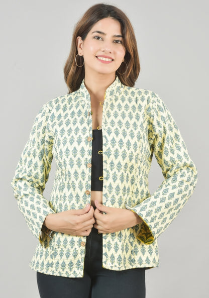 Reversible Full Sleeves Cotton Block Printed Quilted Jacket Yellow and White-49235