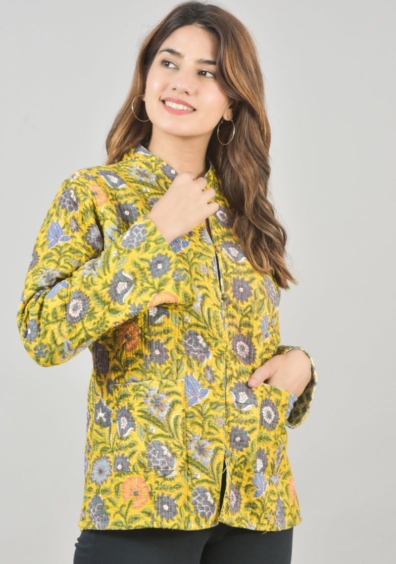 Reversible Full Sleeves Cotton Block Printed Quilted Jacket Yellow and White-49235
