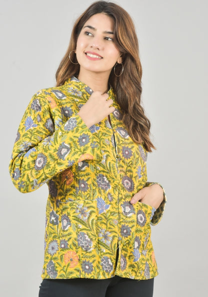Reversible Full Sleeves Cotton Block Printed Quilted Jacket Yellow and White-49235