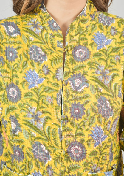 Reversible Full Sleeves Cotton Block Printed Quilted Jacket Yellow and White-49235