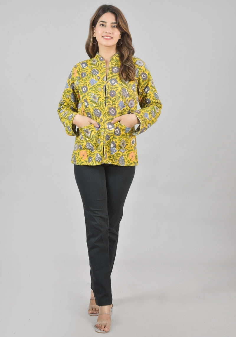 Reversible Full Sleeves Cotton Block Printed Quilted Jacket Yellow and White-49235