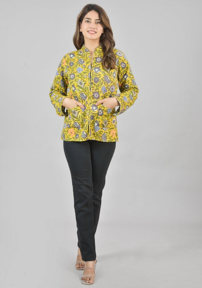 Reversible Full Sleeves Cotton Block Printed Quilted Jacket Yellow and White-49235