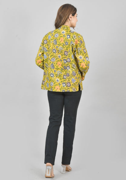 Reversible Full Sleeves Cotton Block Printed Quilted Jacket Yellow and White-49235