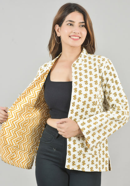 Reversible Full Sleeves Cotton Block Printed Quilted Jacket Yellow and White-49240