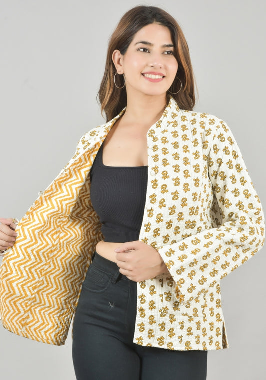 Reversible Full Sleeves Cotton Block Printed Quilted Jacket Yellow and White-49240