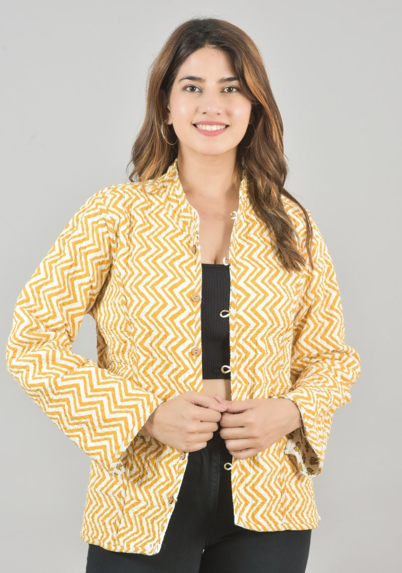 Reversible Full Sleeves Cotton Block Printed Quilted Jacket Yellow and White-49240