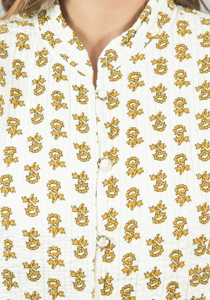 Reversible Full Sleeves Cotton Block Printed Quilted Jacket Yellow and White-49240