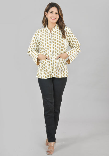 Reversible Full Sleeves Cotton Block Printed Quilted Jacket Yellow and White-49240