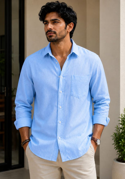 Sky Blue Cotton Linen Relaxed Fit Full Sleeve Shirt-51888