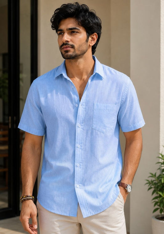 Sky Blue Linen Relaxed Fit Half Sleeve Shirt-51711
