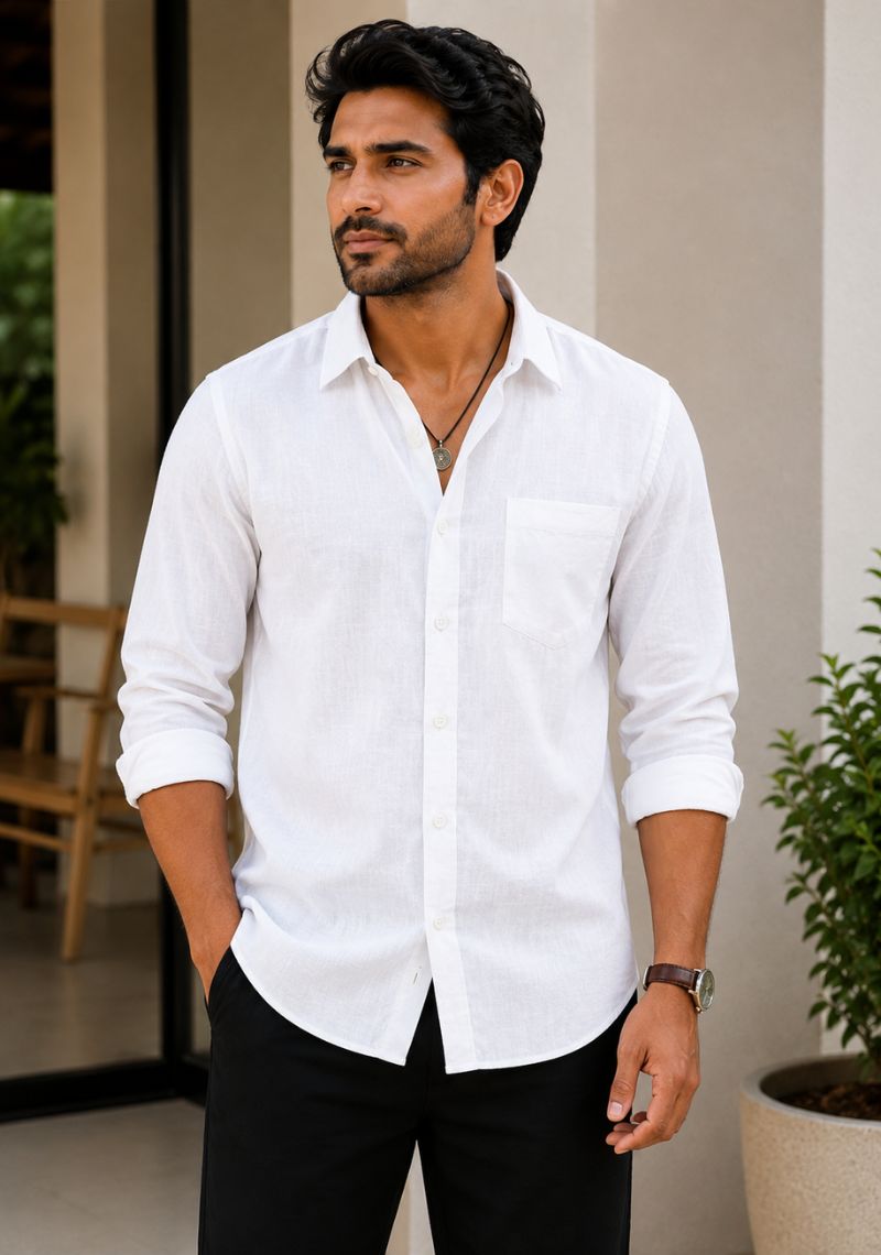 White Cotton Linen Relaxed Fit Full Sleeve Shirt-51878