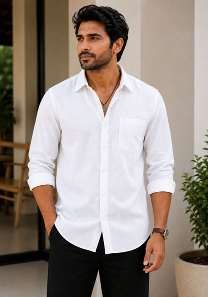 White Cotton Linen Relaxed Fit Full Sleeve Shirt-51878