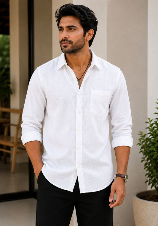 White Cotton Linen Relaxed Fit Full Sleeve Shirt-51878