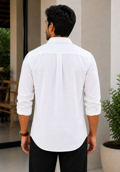 White Cotton Linen Relaxed Fit Full Sleeve Shirt-51878