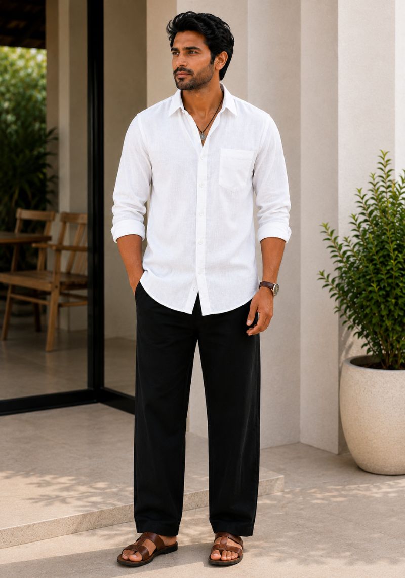 White Cotton Linen Relaxed Fit Full Sleeve Shirt-51878