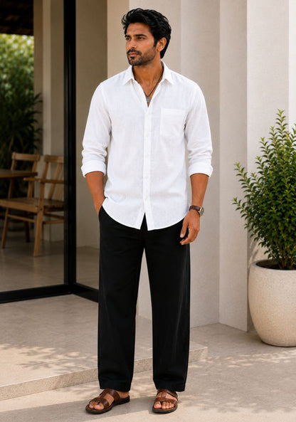 White Cotton Linen Relaxed Fit Full Sleeve Shirt-51878