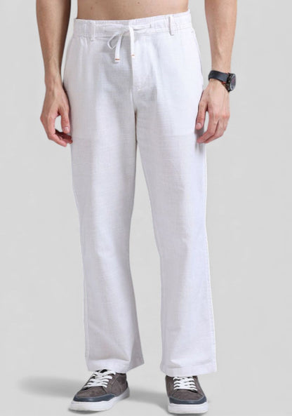 White Premium Linen Relaxed Fit Loose Fit Men Trouser-50470